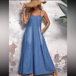 Boho Plus Size Denim Jeans Pockets Maxi Dress Blue